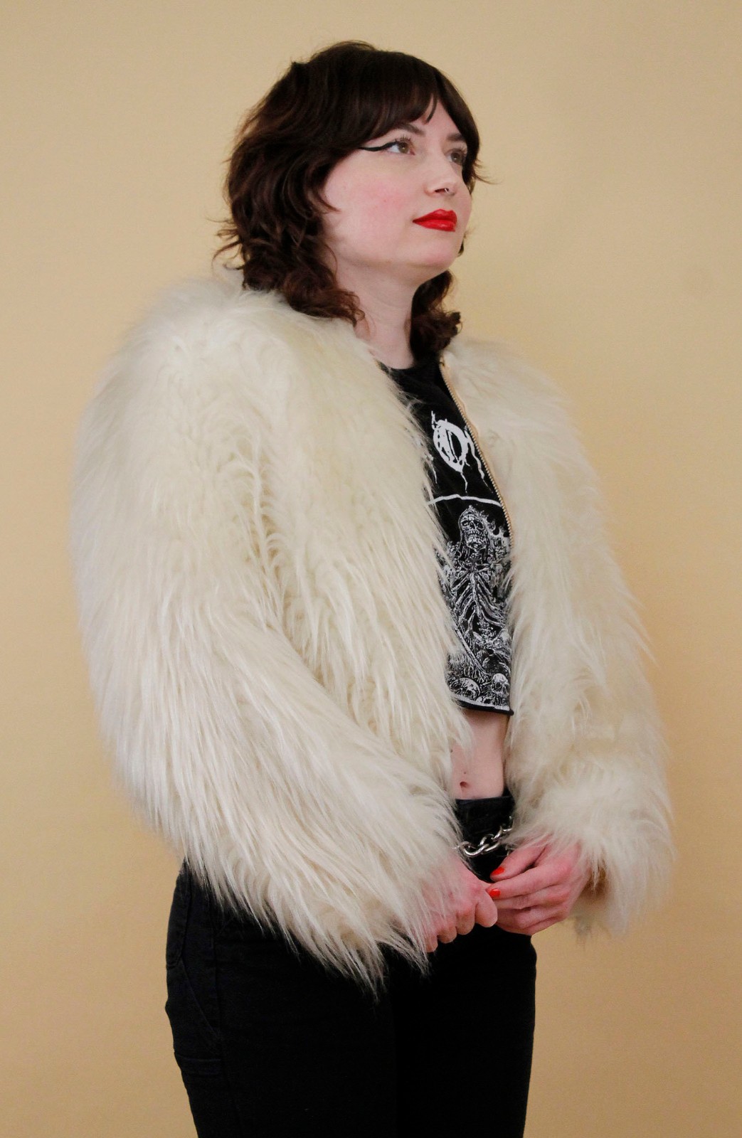 60s 70s Vtg Shaggy Faux Fur White Zip Up Crop Jacket Coat Mod Rocker Glam B34″
