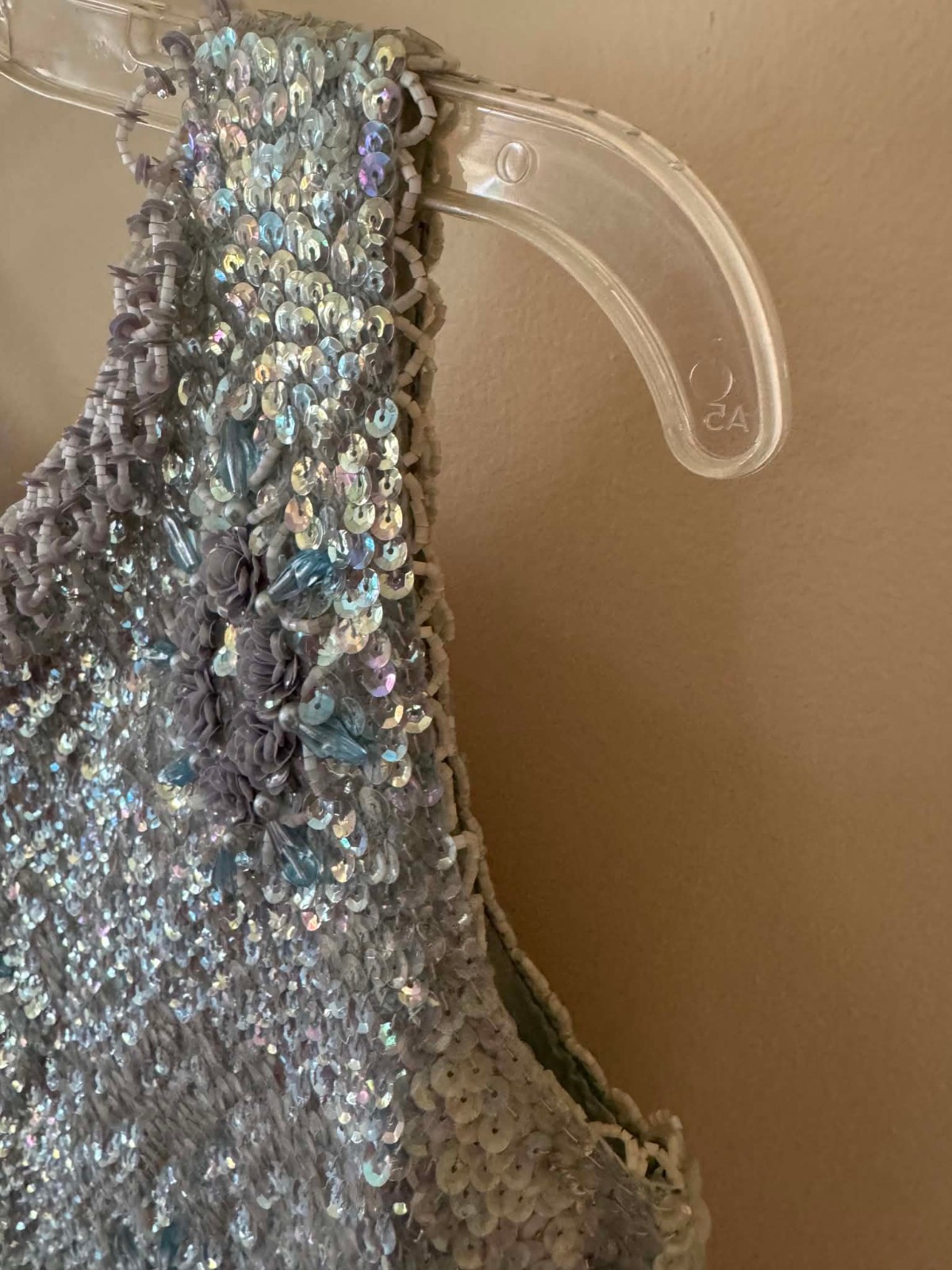1950’s-60s Ice Blue & Silver Hand Beaded Sequined Wool Top Size M Hong Kong