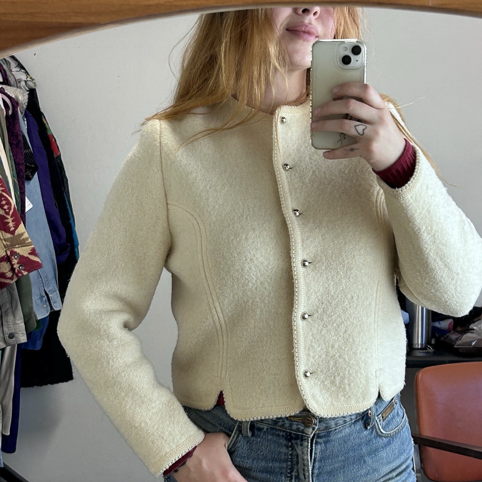 Vintage The Eagle’s Eye Boiled Wool Jacket Womens Size 14 Cream Ivory 80s 90s