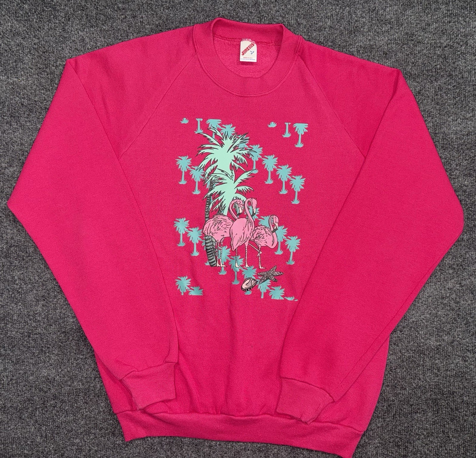 Vintage 80s Raglan Crewneck Sweatshirt Pink Flamingos Graphic L Jerzees USA