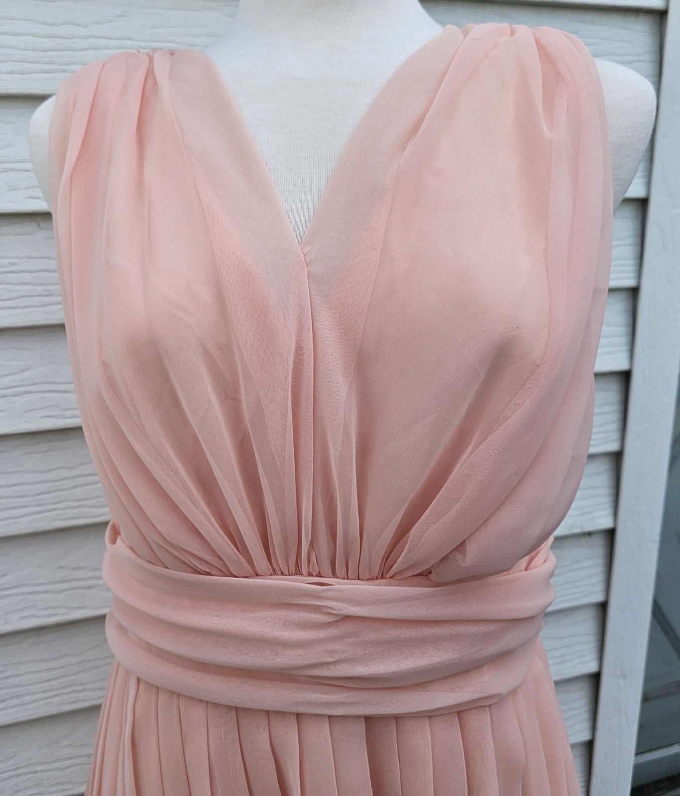 VTG 70s SHEER CHIFFON 2 PIECE PLEATED MAXI DRESS Peach Pink SZ 18 CAPE Grecian