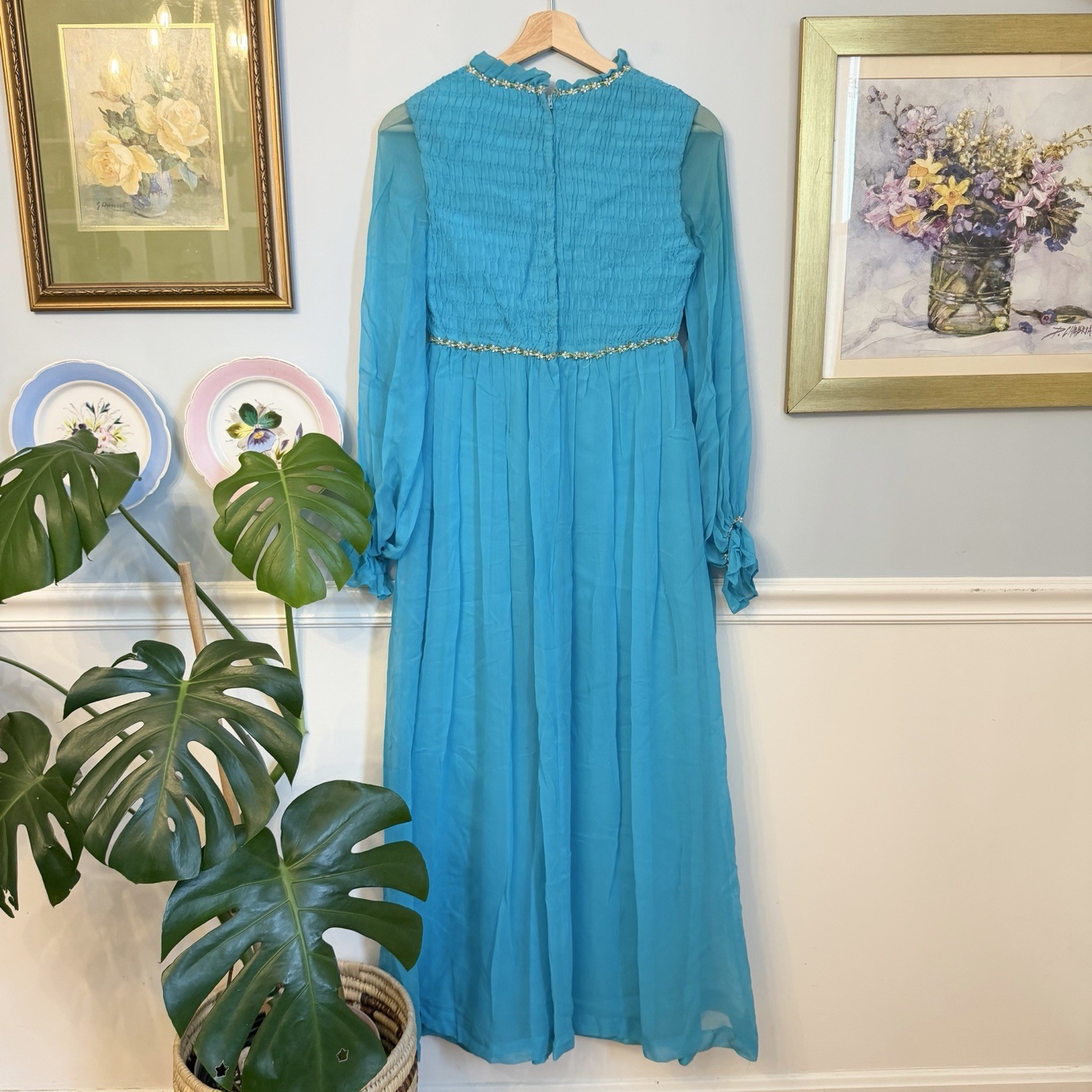 Vintage 70s Teal Chiffon Maxi Dress Size XS Bridesmaid Twiggy Retro MCM 60s Gown