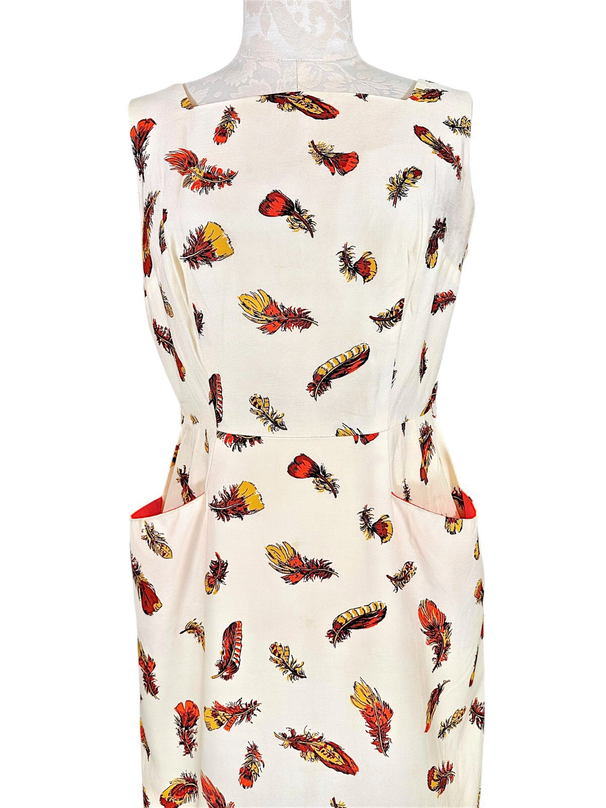 Vintage Cover Girl of Miami Feather Print Retro Sheath Dress