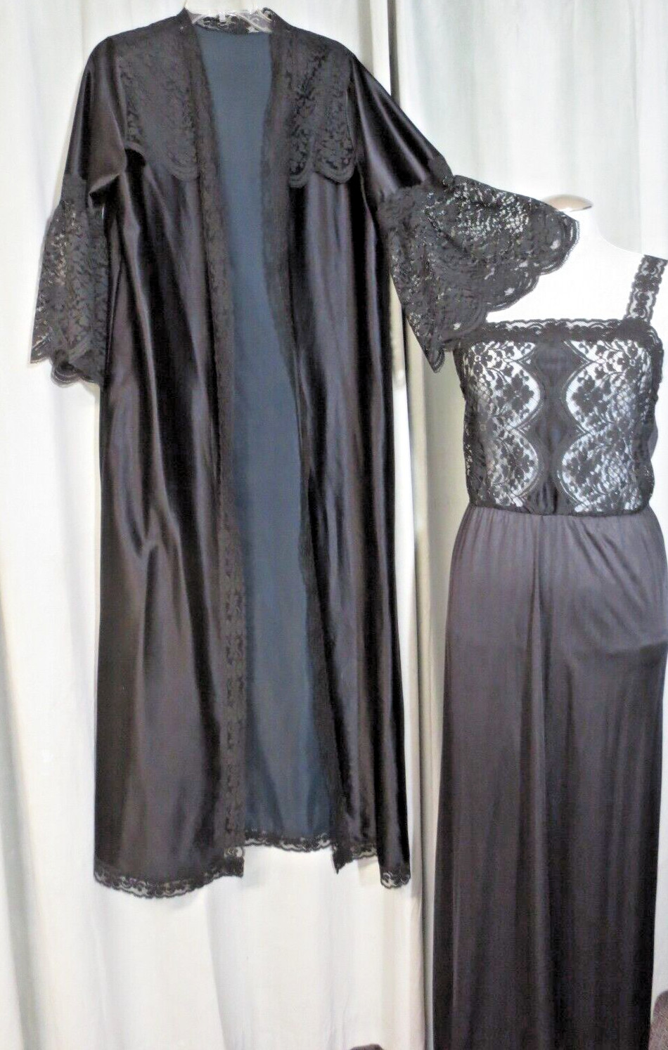 Vtg Jenelle Of California 2 Pc Sexy Black Peignoir Nightgown & Robe Small