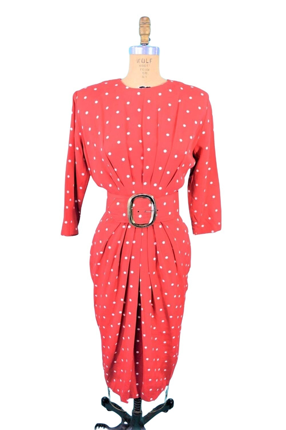 Vintage 1980s Wiggle Dress 50s Style Red Polka Dot Pinup Hourglass W 27″