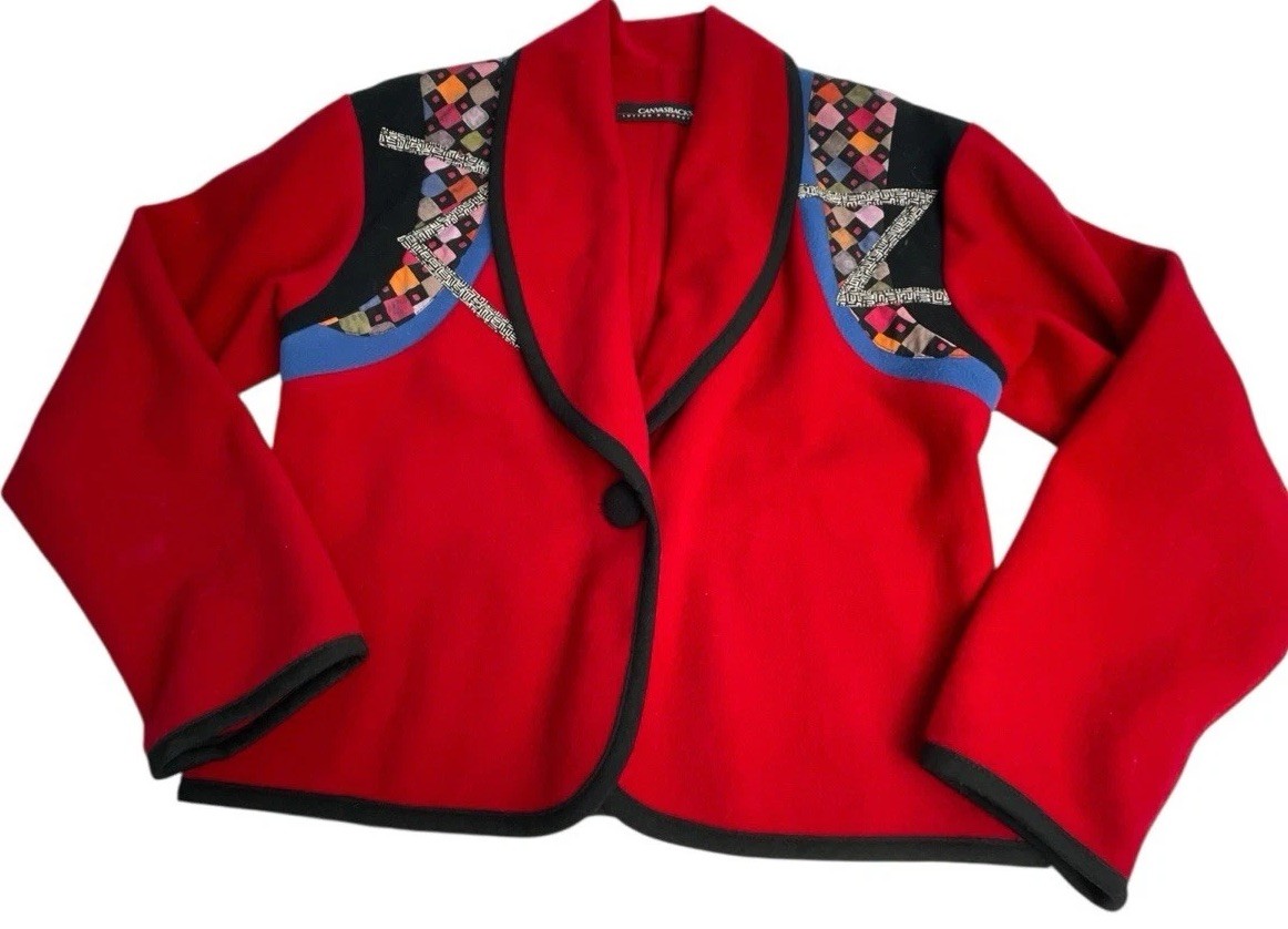 CANVASBACKS Wool Jacket 80’s Vintage Red with Colorful Details S