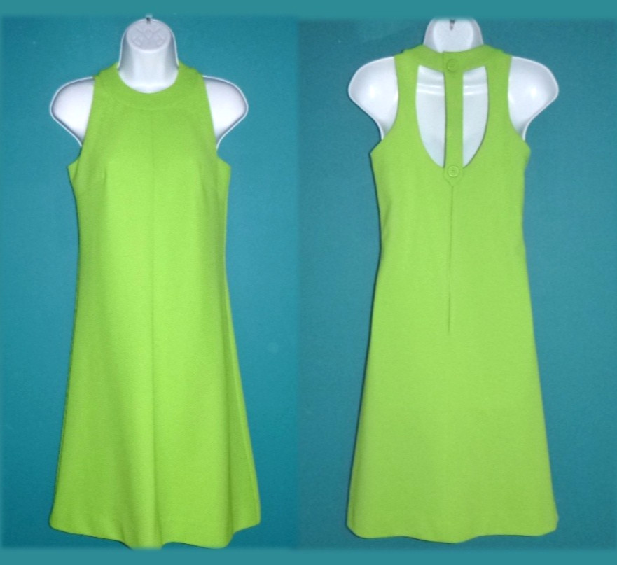 Vtg 60s 70s Gay Gibson MOD Bright Green Ribbed Poly Dress Unique Back Sz S/M