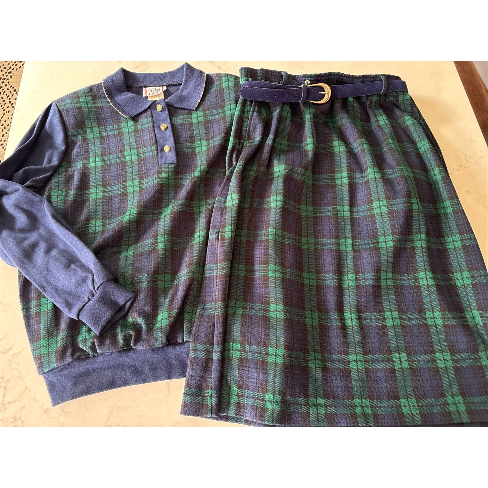Cricket Lane Vintage Plaid Skirt Set Green Blue Knit Polo Top Midi Skirt Medium