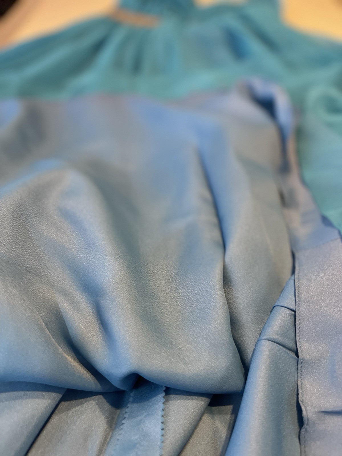 Vintage Ball Gown 1970s Mike Benet Blue Dress White Silver Beads Sequins Chiffon