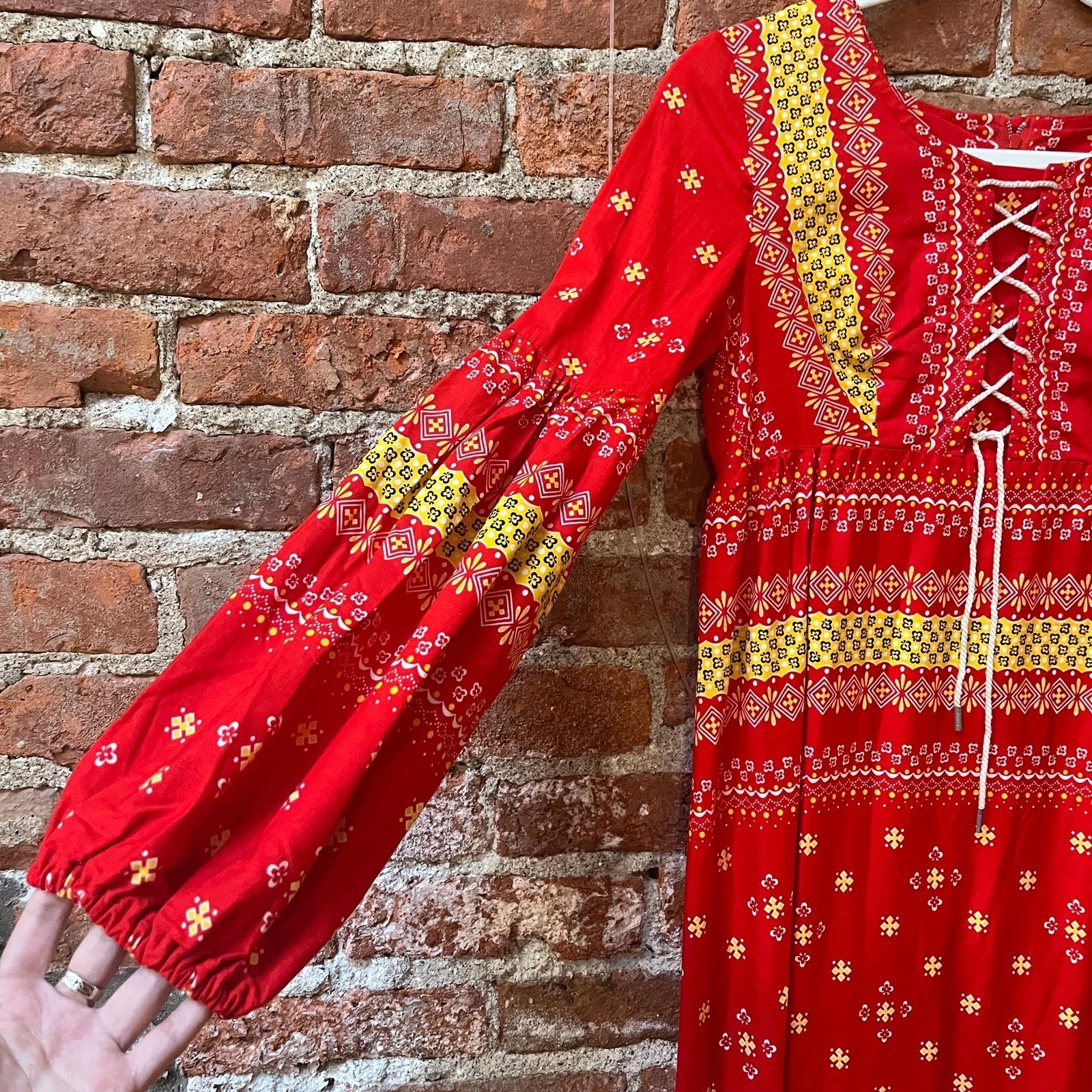 70s Renaissance Revival Red Lace Up Maxi Dress Prairie – XS