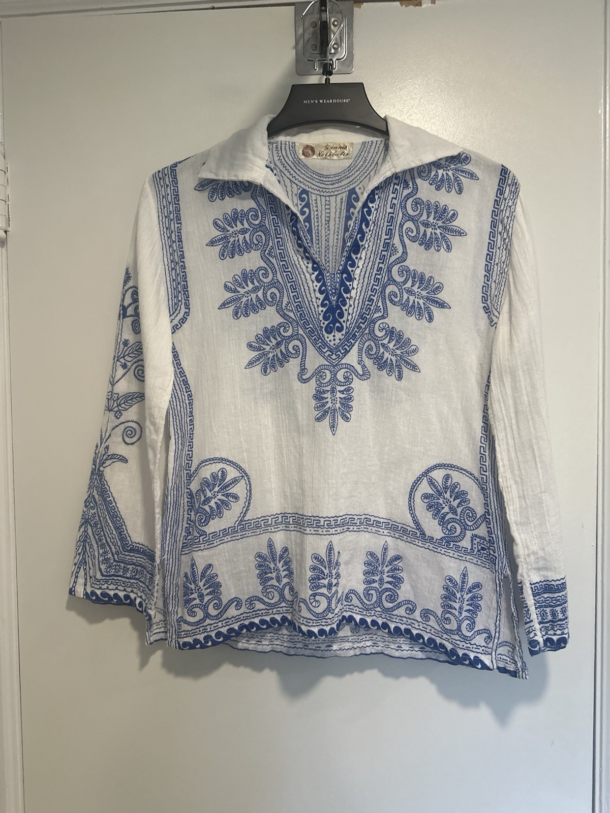 VTG 70s Yannis Nafpliotis White Blue Linen Hellenic geometric Print Gauze Boho