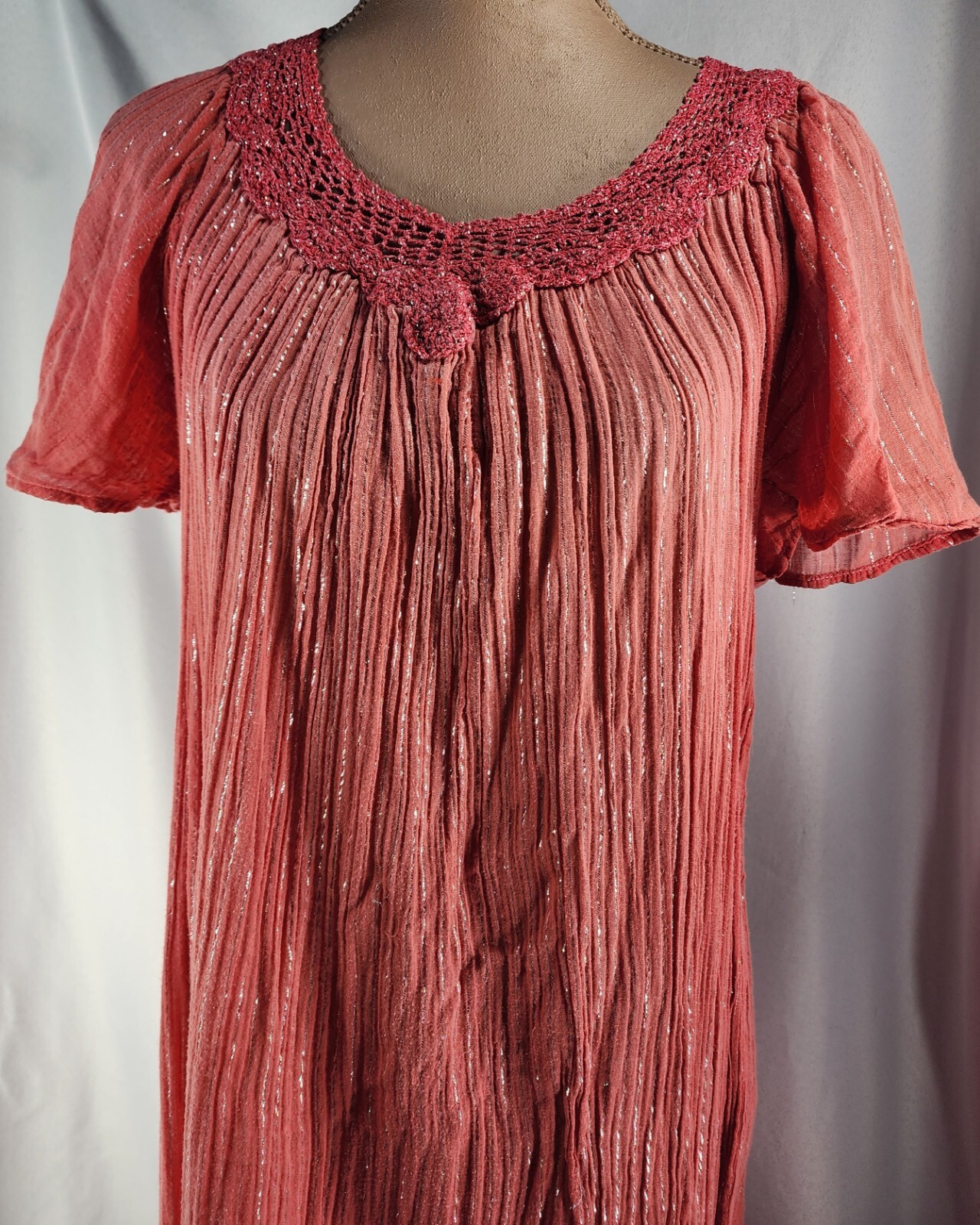 VTG 1960s Hippie Boho Festival Gauze Dress India Cotton Silver Threads LARGE