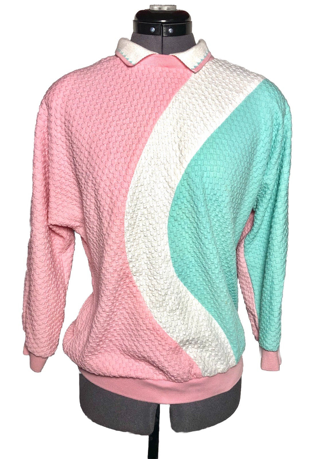 Vtg 80s Granny Sweatshirt Pastel Pink Aqua White Grannycore Pullover STAINED M
