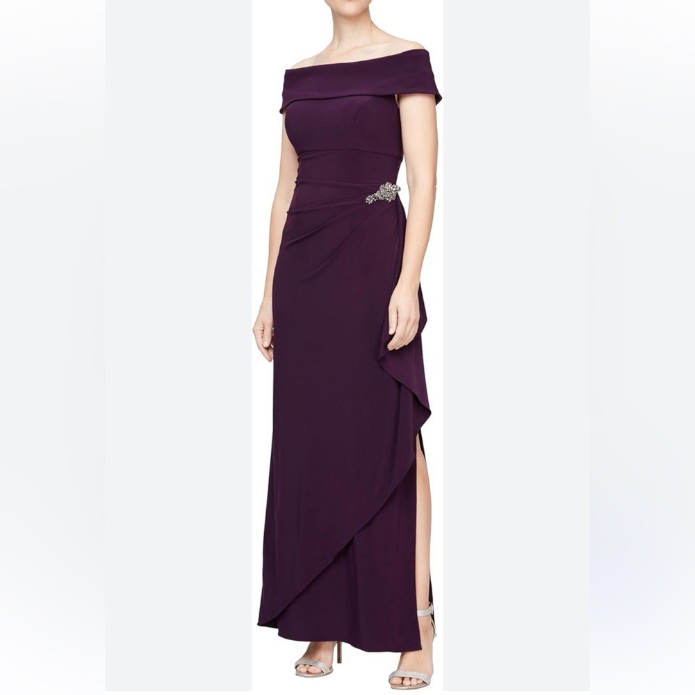 NWT Alex Evenings Off-the-Shoulder Embellished Column Gown Eggplant Purple Sz 10