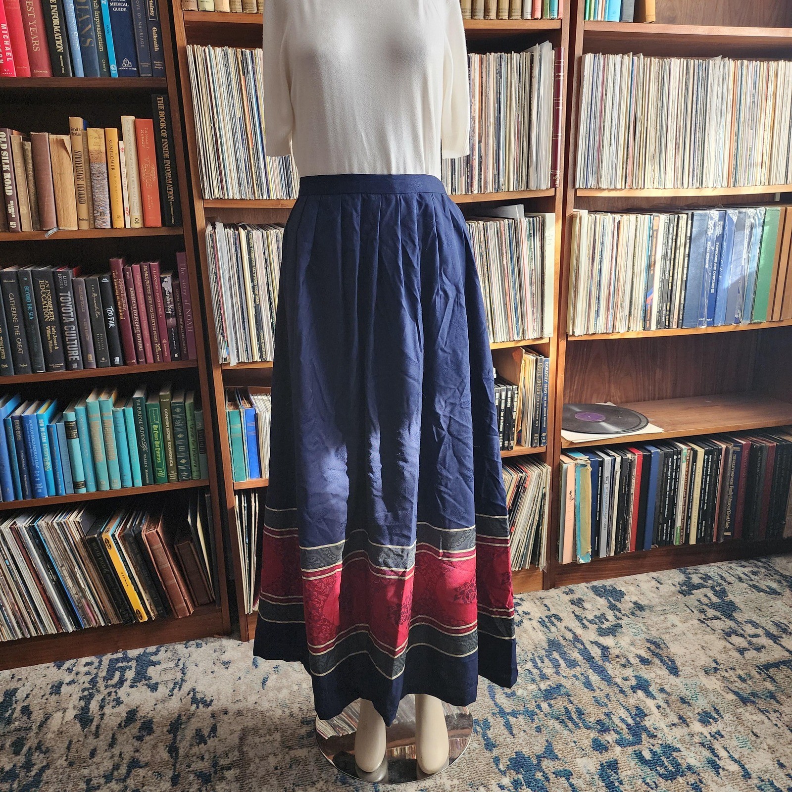 Vintage 1960s Villager Wool Blend Maxi Skirt Navy Blue Red Stripe Made in USA M