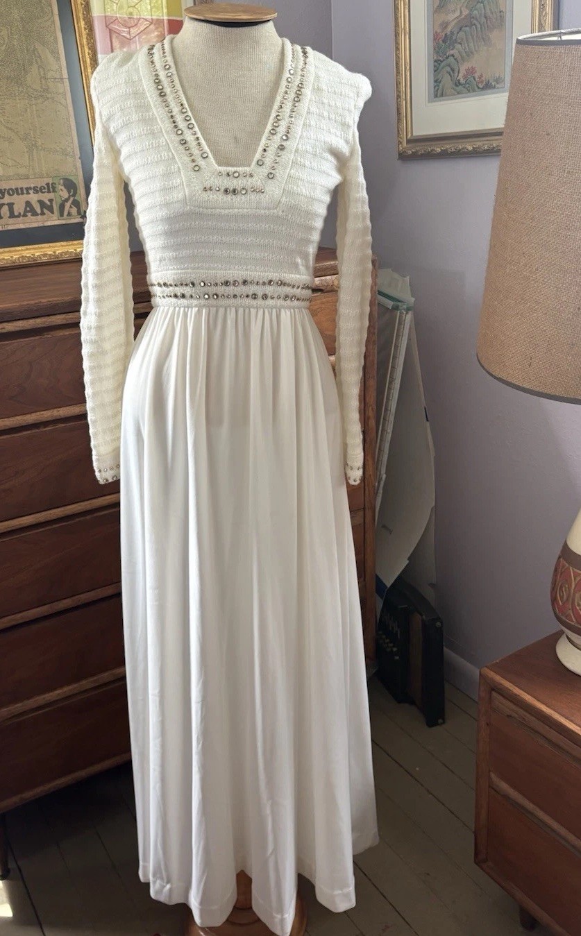 Vintage 1970s White Bridal Gown Rhinestone Knit Bodice Maxi Dress ILGWU USA 8
