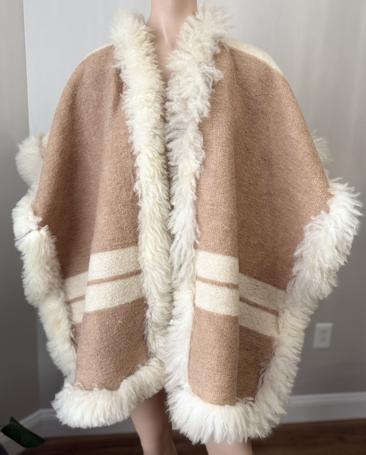 Vintage Boho Shearling Alpaca Trim Wool Cape Poncho Striped Wrap OS