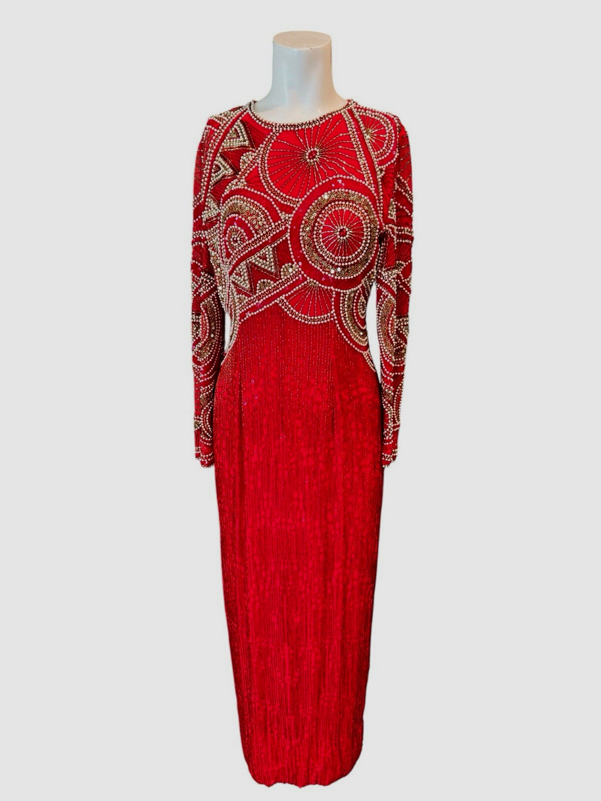 Vintage Black Tie Oleg Cassini Orange red Beaded Dress Size 4 all sequin gala