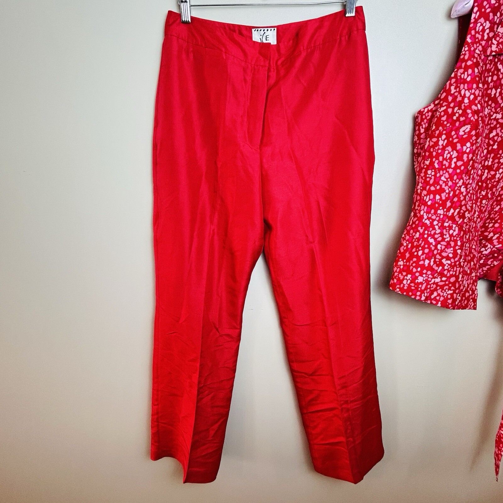 VTG 80s ICE 100% Silk Wrap Vest Blouse & Pants Set, Size 10 Pink Red Dots *read*