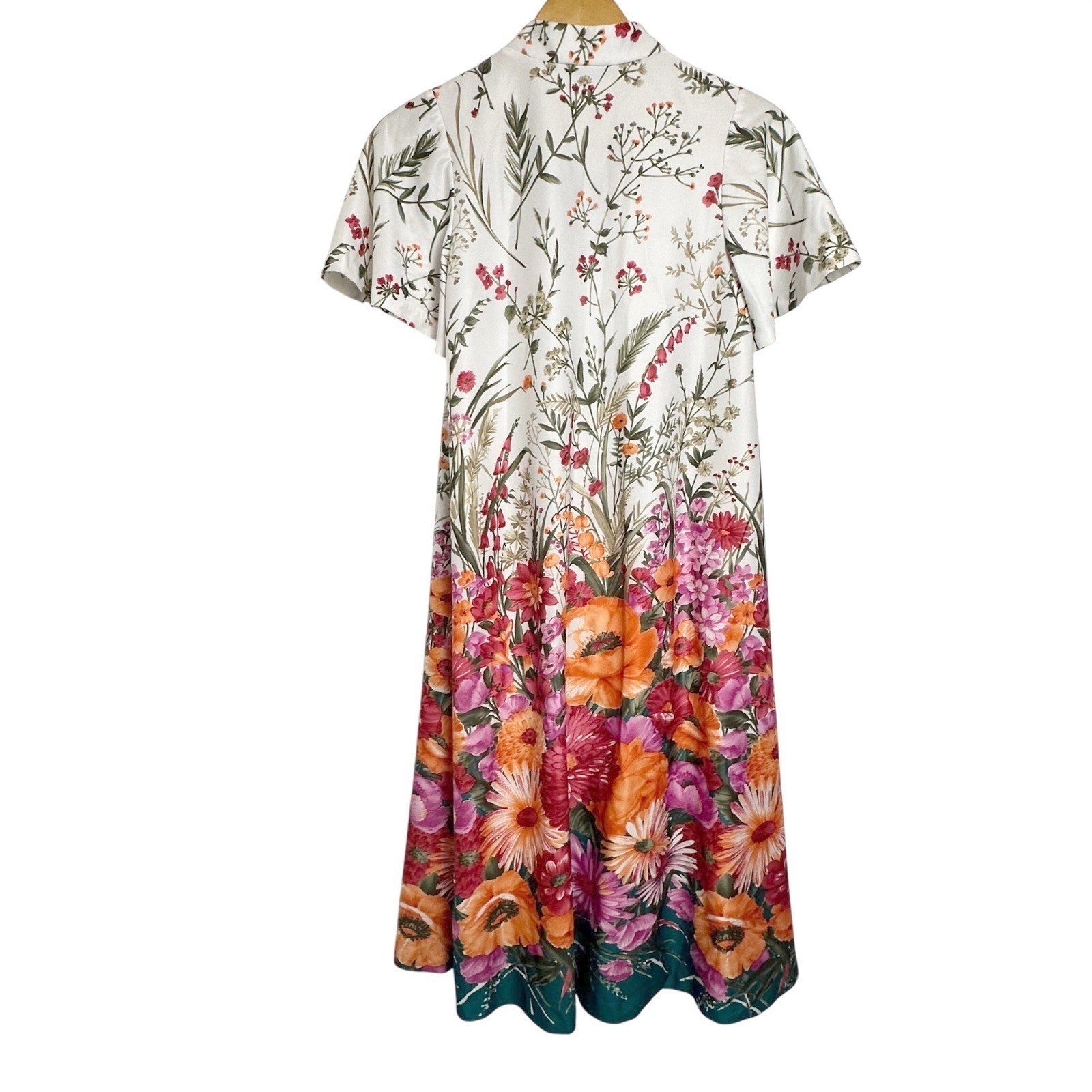 70s Vintage Floral Mandarin Collar Midi Dress Flutter Sleeve White Orange Small