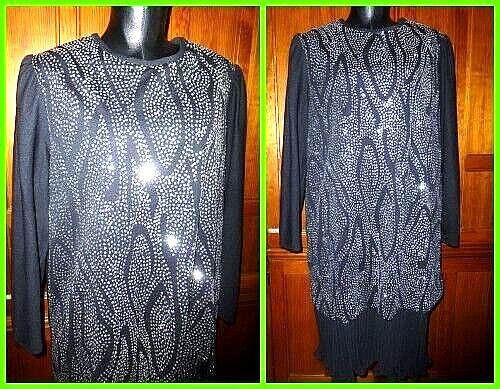 VTG 70s Black Shimmer glitter Micro Pleats Disco evening shift DRESS L XL