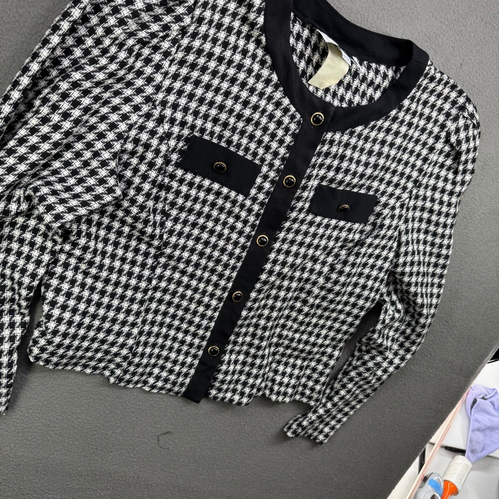 Vintage 80s JT Dress Jacket Women 10 Black Houndstooth Rayon Button Made USA