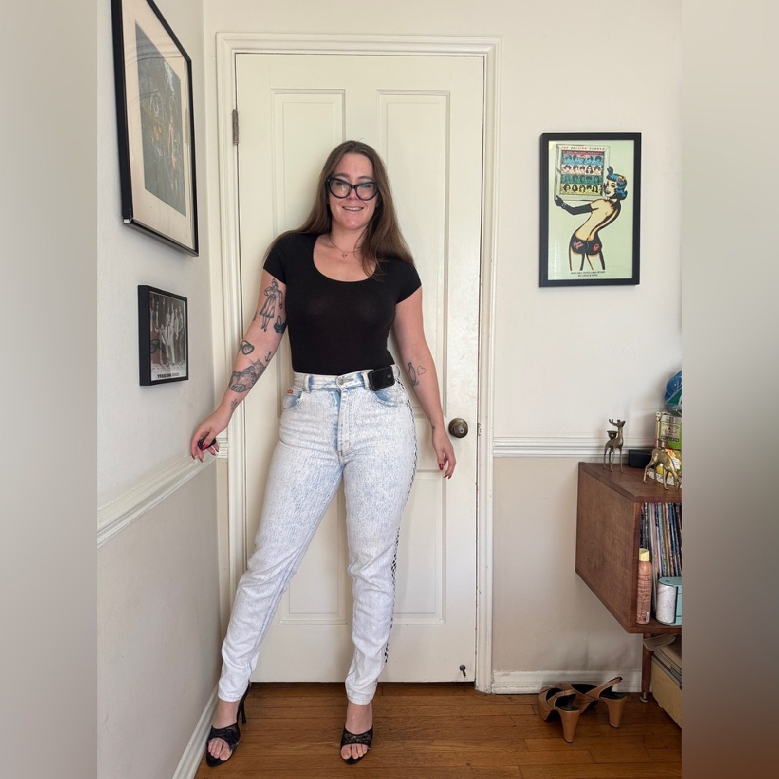 80s Vintage Acid Wash Anti-Basic Daily Jeans with Fishnet Faux Leather Cutouts