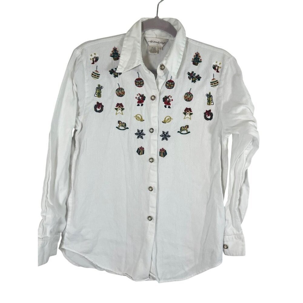 Vintage Christmas Embroidery Shirt White 8 Festive Holiday Classic Chic Preppy