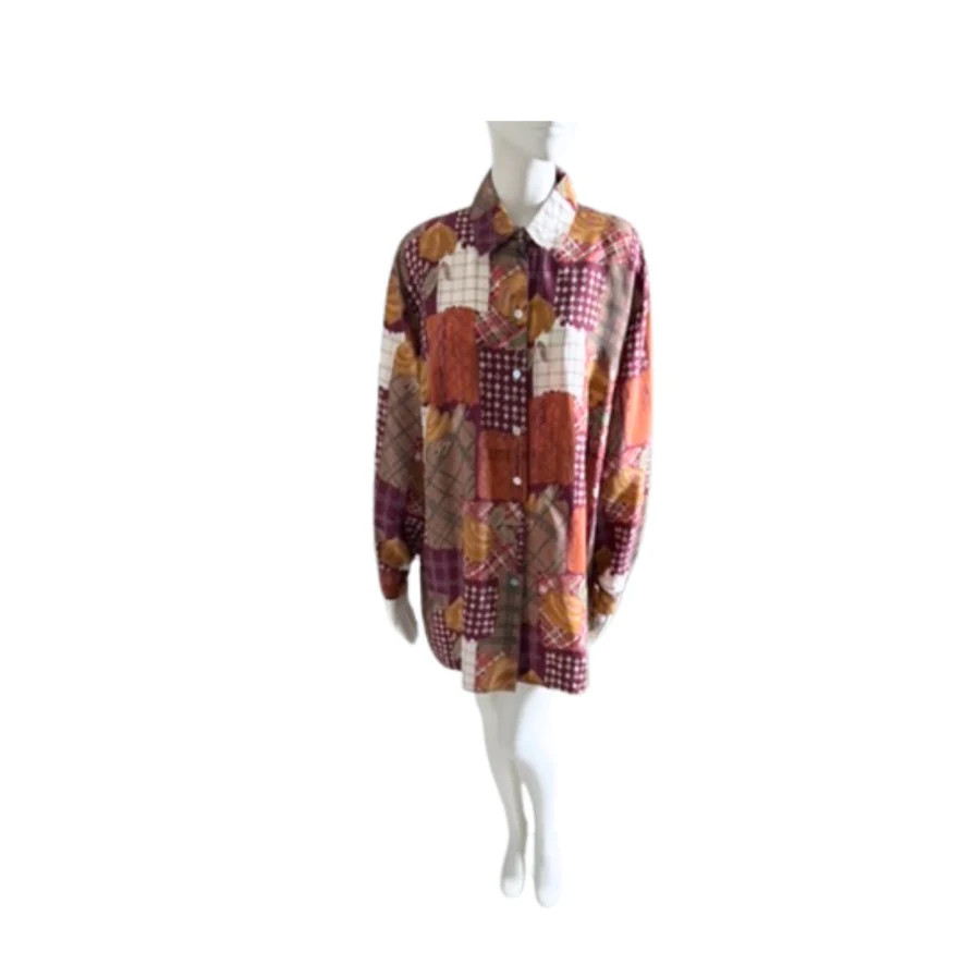 Patchwork Print Shirt Blouse Burgundy Multi Size 16 – Vintage