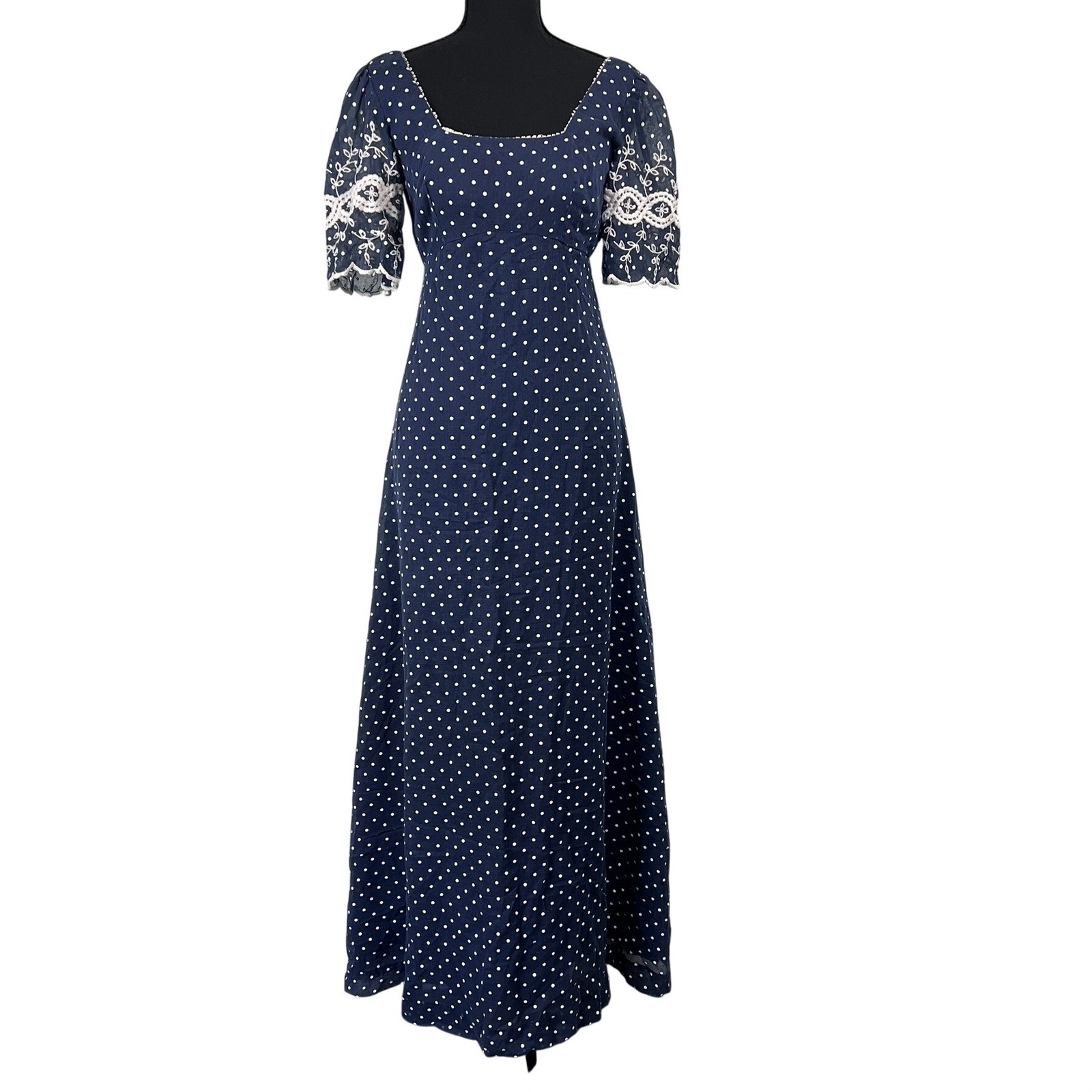 VTG Kelly Arden 70s Polka Dot Maxi Dress Lace Puff Sleeve Sz 9 XS Cottage Boho