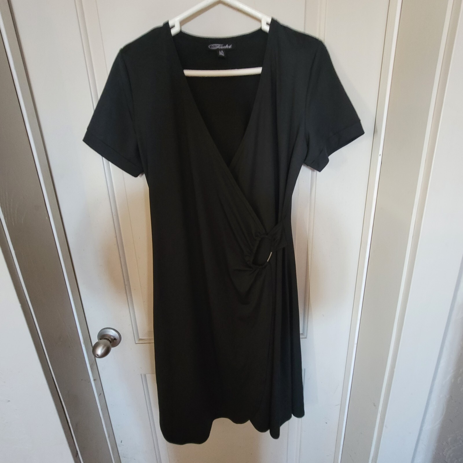 Vintage Black „Faux” Fake Wrap Dress Short Sleeve TOUCHE’ Size Large Office