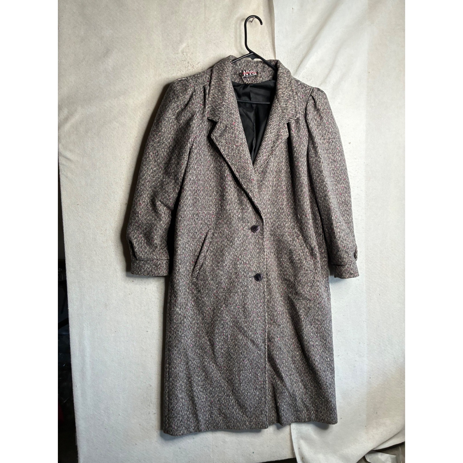 Vintage New York Girl Wool Blend Tweed Long Coat Grey Pink ILGWU Made in USA