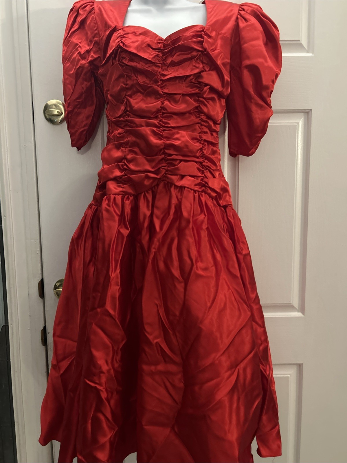 Vintage 80’s Puffy Sleeve Drop Waist Bow Party Red Prom Formal Vintage 5