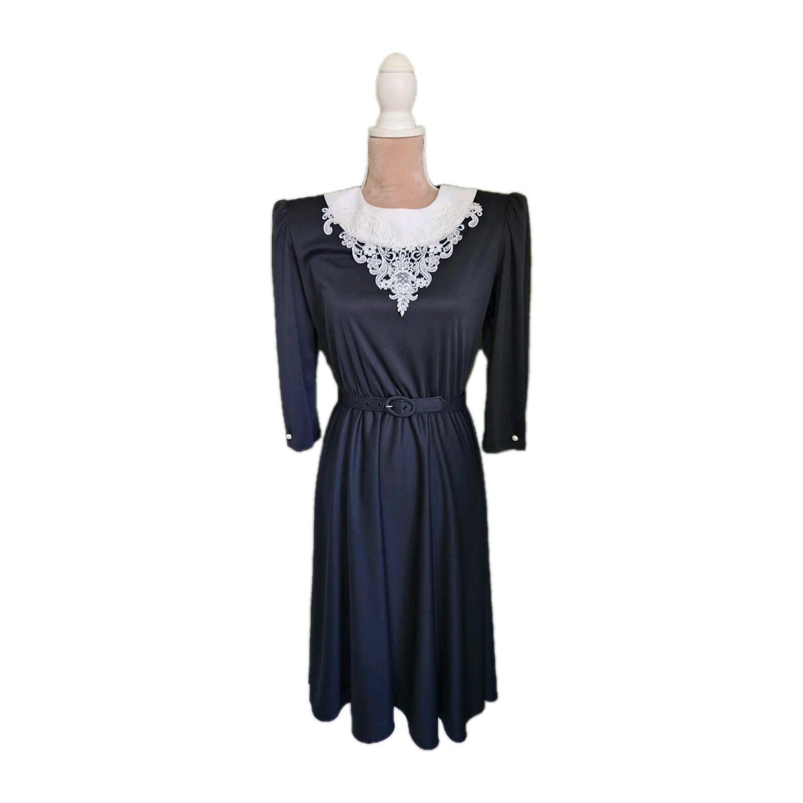 Vtg 80s 40s Whirlaway Frocks Black White Lace Collar Midi Dress Twirl Belted 6 P
