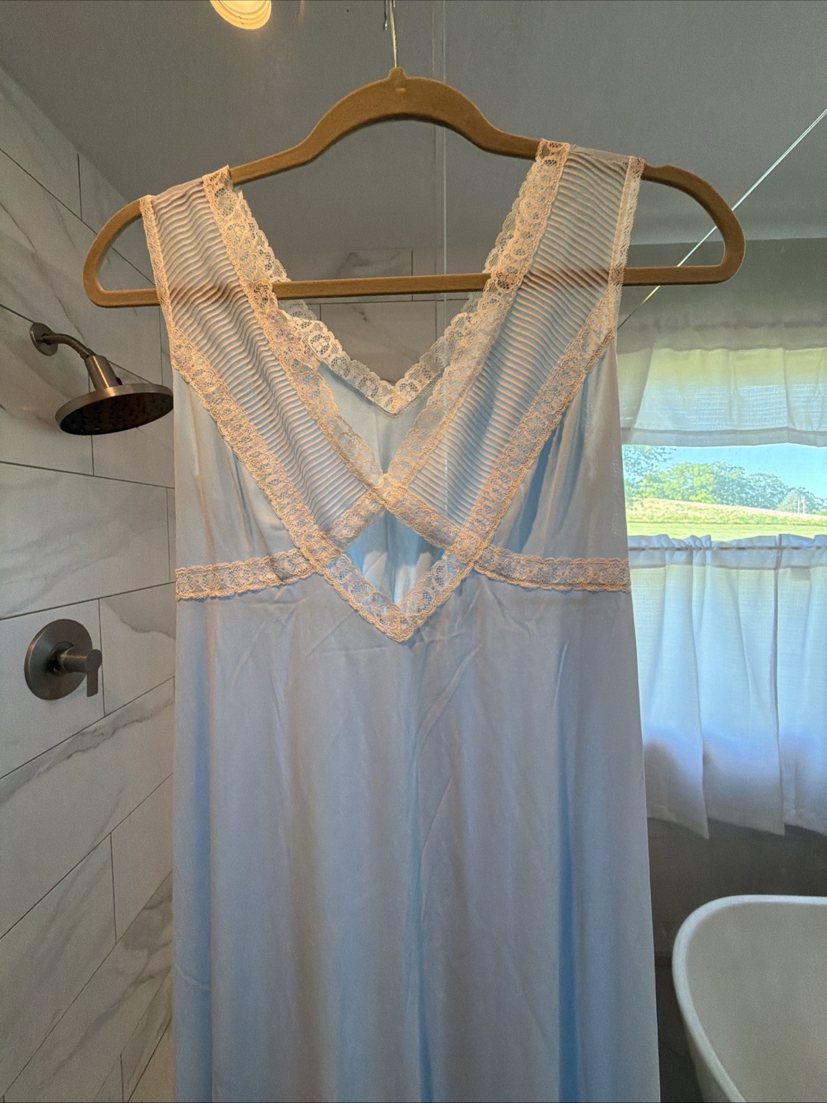 VTG I Do NYLON Lace Detail Baby Blue PEIGNOIR ROBE/NIGHTGOWN 2Pc SET Sz Small
