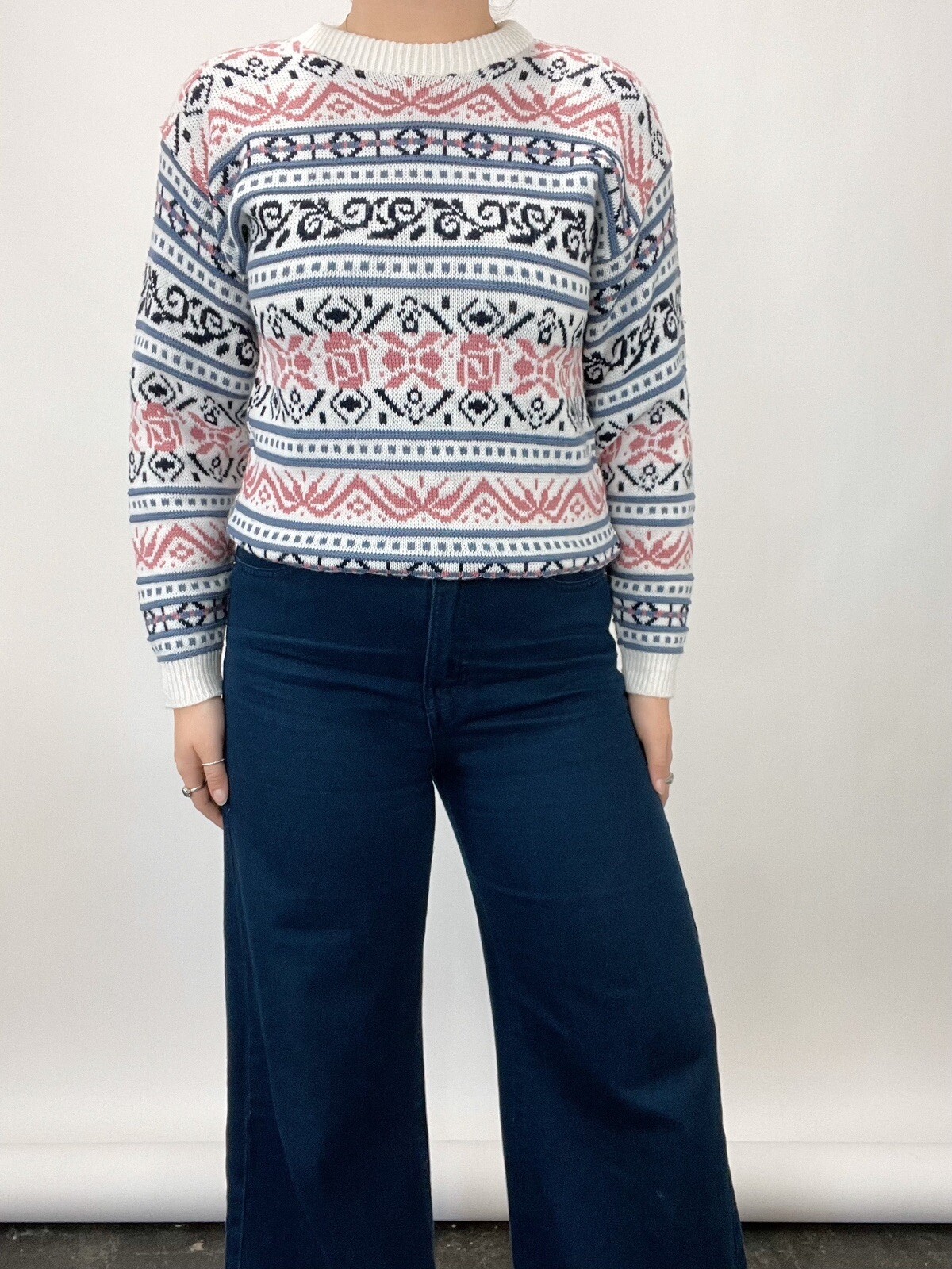 Vintage 80s 90s Rose Pink/Purple Multi Pattern Ski Sweater Size S/M