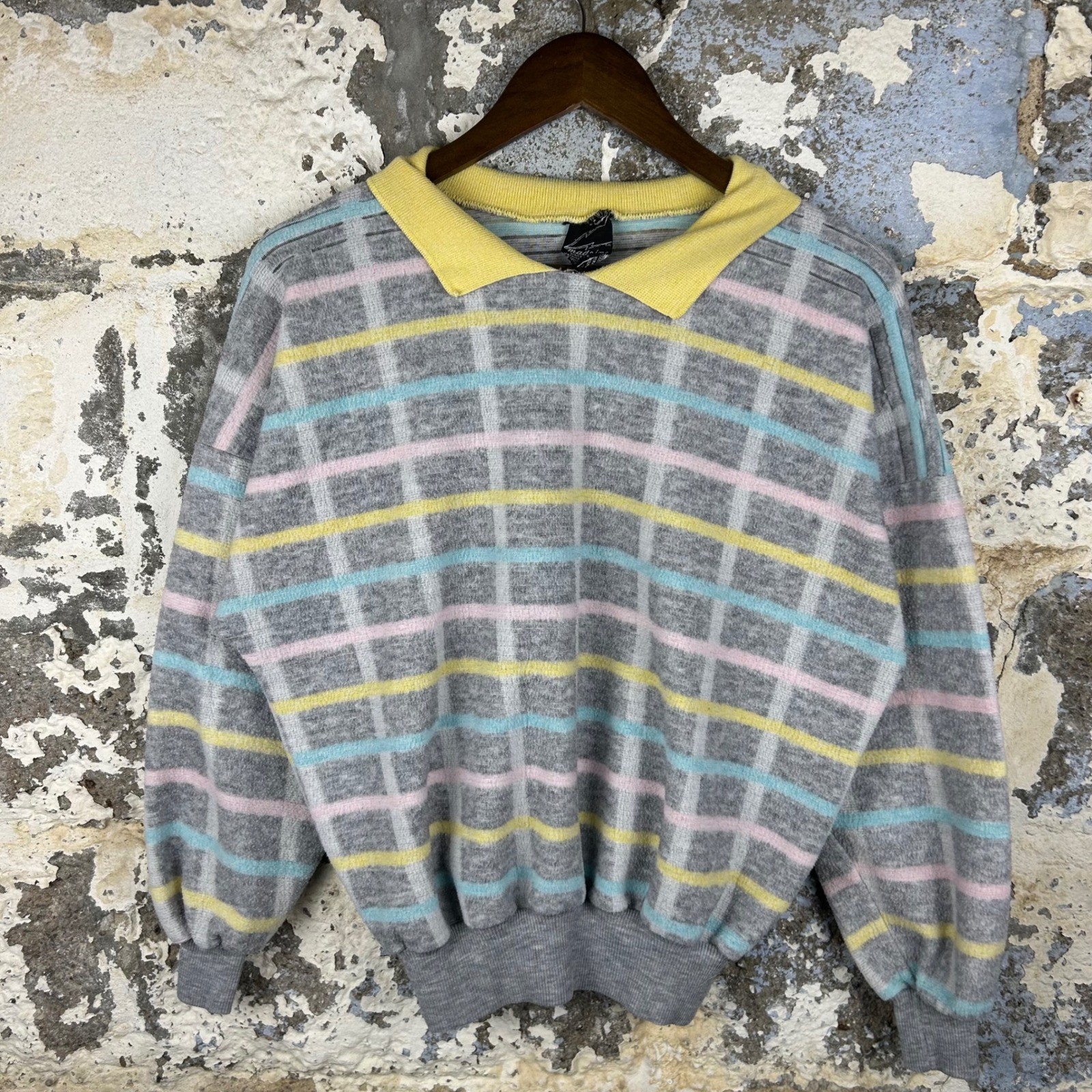 Vintage Made Inc Pastel Grid Polo Sweater Gray Yellow Pink Blue 80s Made in USA