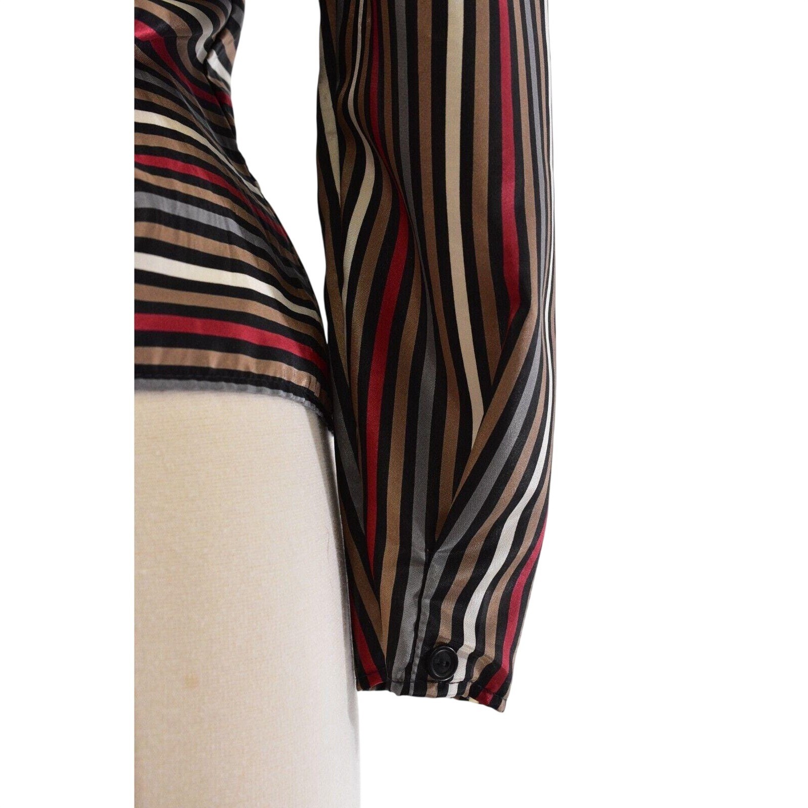 70s Vintage Square Neck Asymmetrical Blouse Satin Brown Striped Mod Secretary M