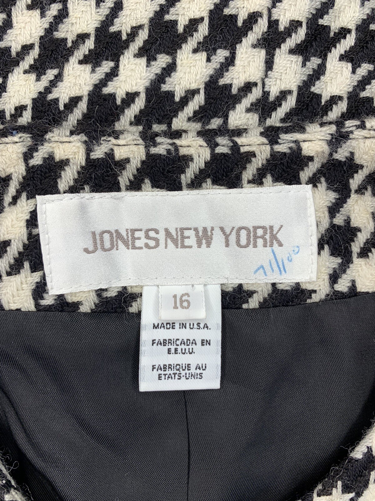 Vintage Jones New York Wool Dress Jacket Blazer Black White Houndstooth Women 16