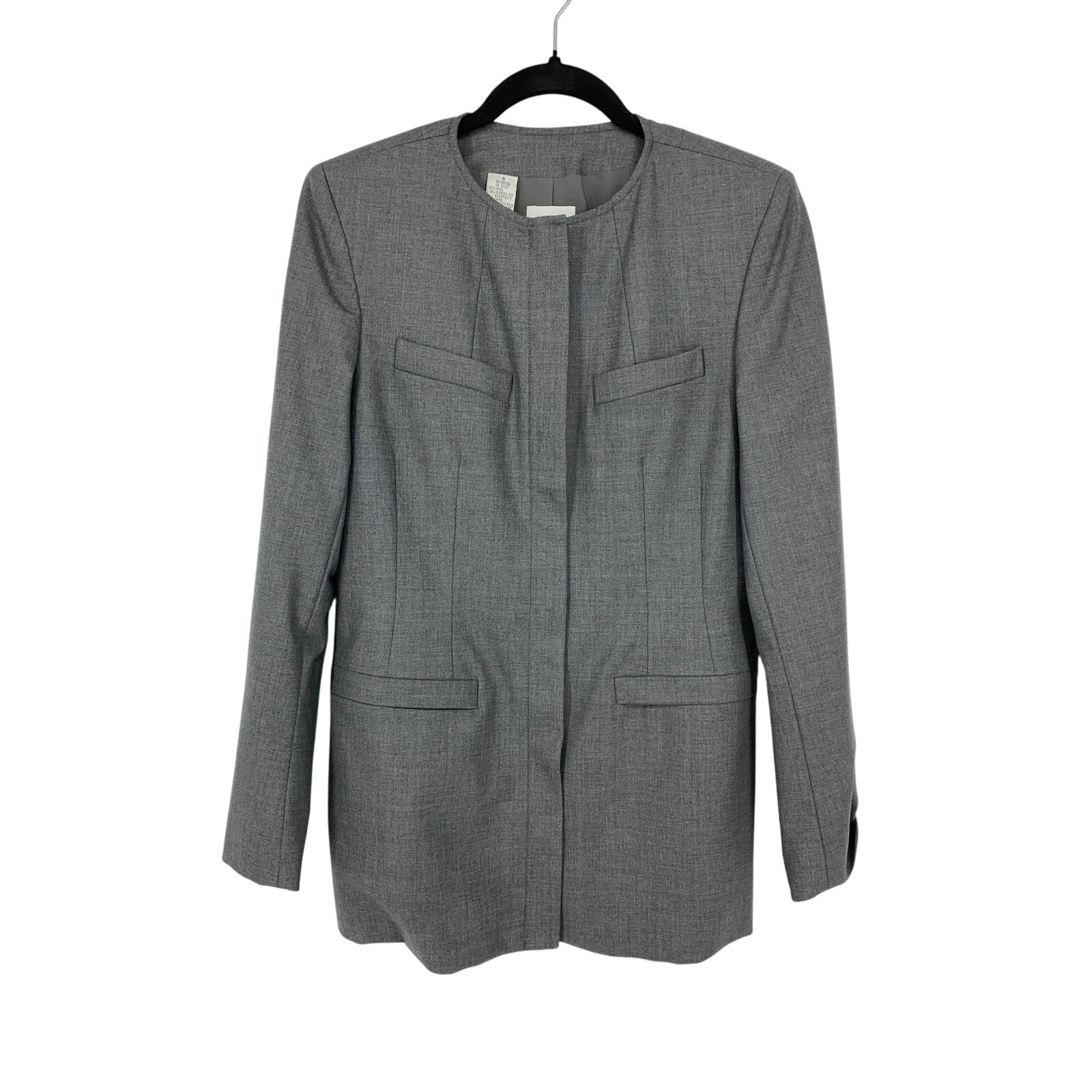 Vintage 90s DKNY Collarless Blazer Jacket Womens Size 4 Gray Hidden Placket Wool