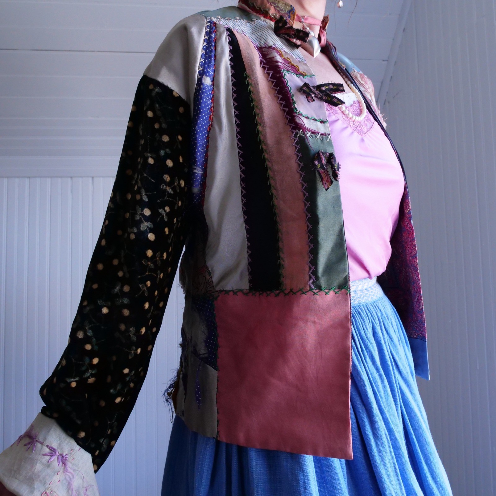 Vintage/antique handmade crazy quilt silk and velvet jacket