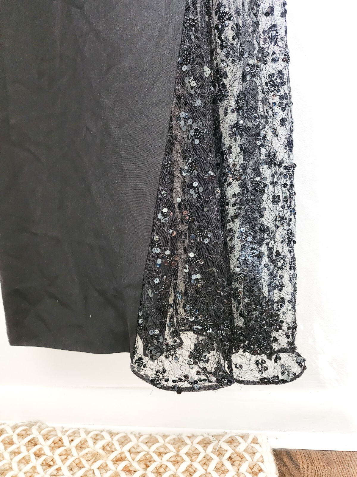 RARE Vintage Saks Fifth Avenue Travilla Ebony Silk Beaded Gown W/ Lace Size 14