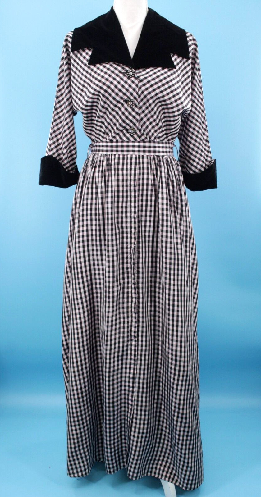 Vtg Womens 40s Black & Pink Checked Gown W/ Velvet Trim XS/S 1940s Taffeta Dress