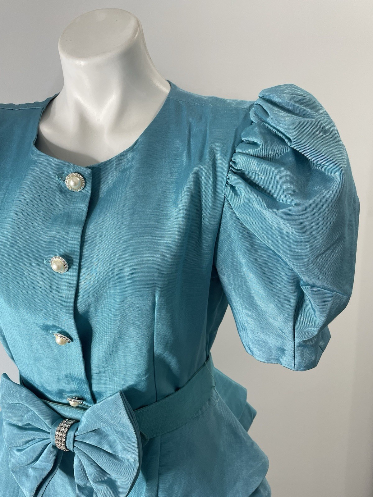 Vtg Evenings by Pantagis 80s Dress Blue Moire Rhinestone Bow Peplum Top Skirt