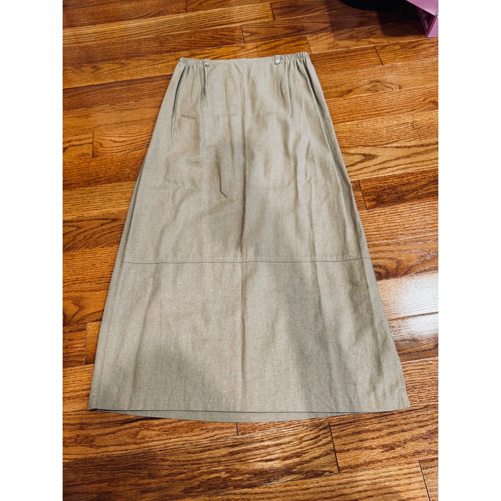 Vintage Teddi Linen Blend Maxi Skirt Khaki Tan Elastic Waist Side Slit Large