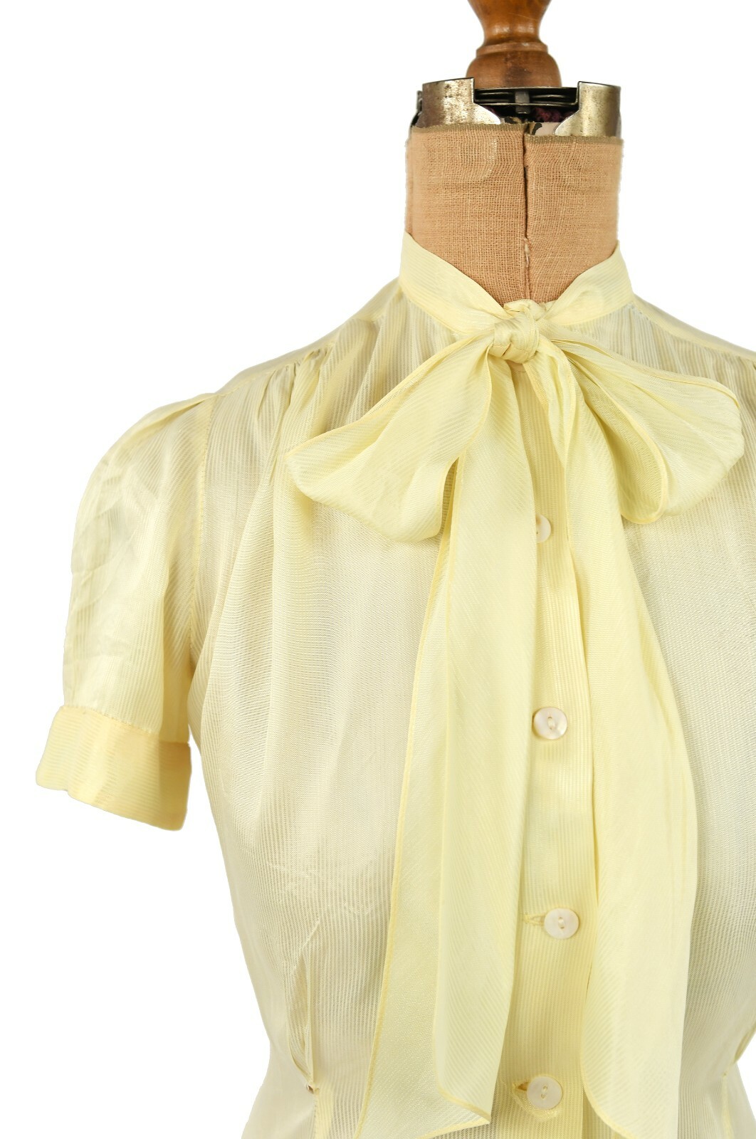 Vintage 40s Fruit of the Loom Semi Sheer Yellow Cream Nylon Ascot Tie Blouse M