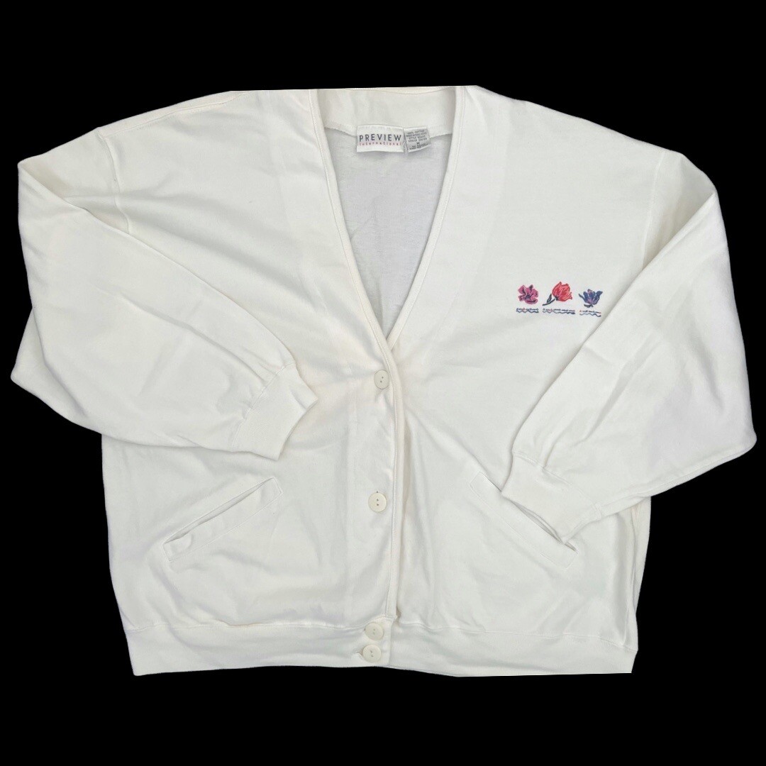 Vintage 90s Preview International White Cardigan Sweatshirt Embroidered M