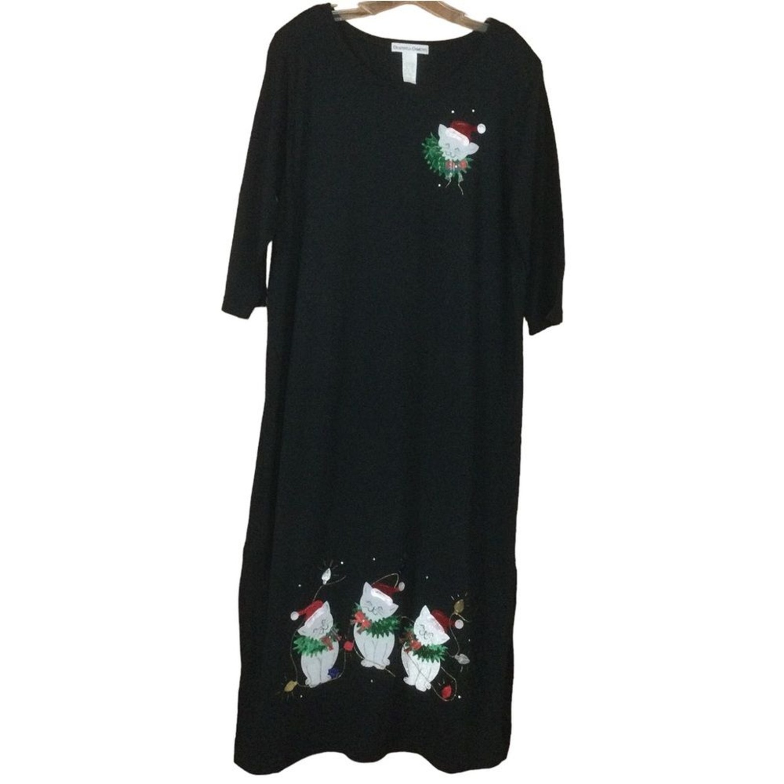 Vintage Holiday Black Maxi Dress with Holiday Kitten Appliqués Size Large