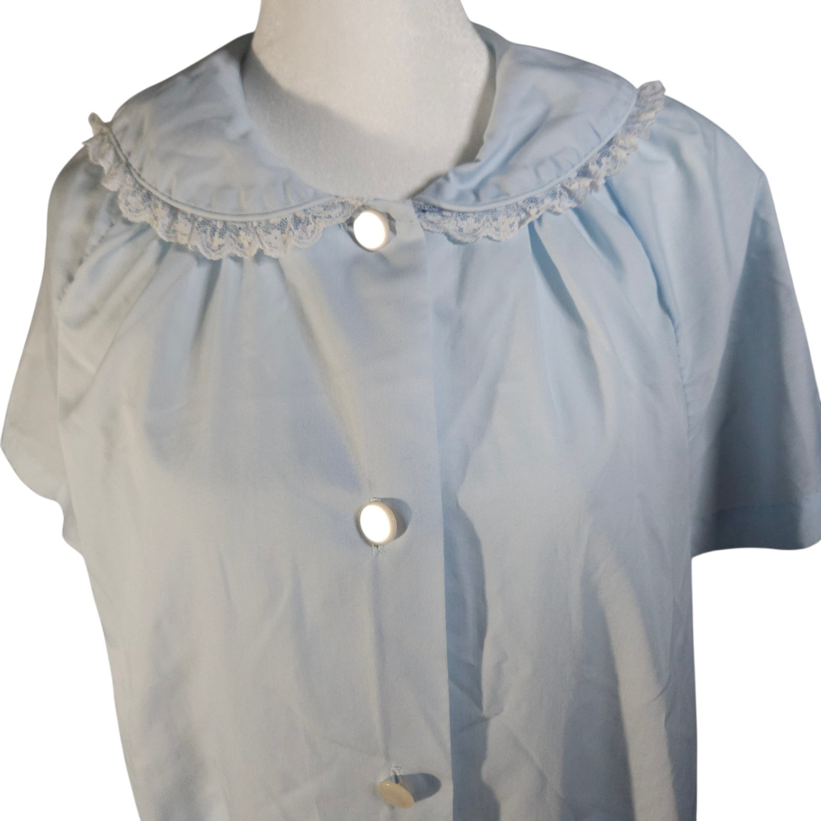 Vintage 70s Sears Comfort Coat Womens House Dress Blue Embroidered Pockets XL