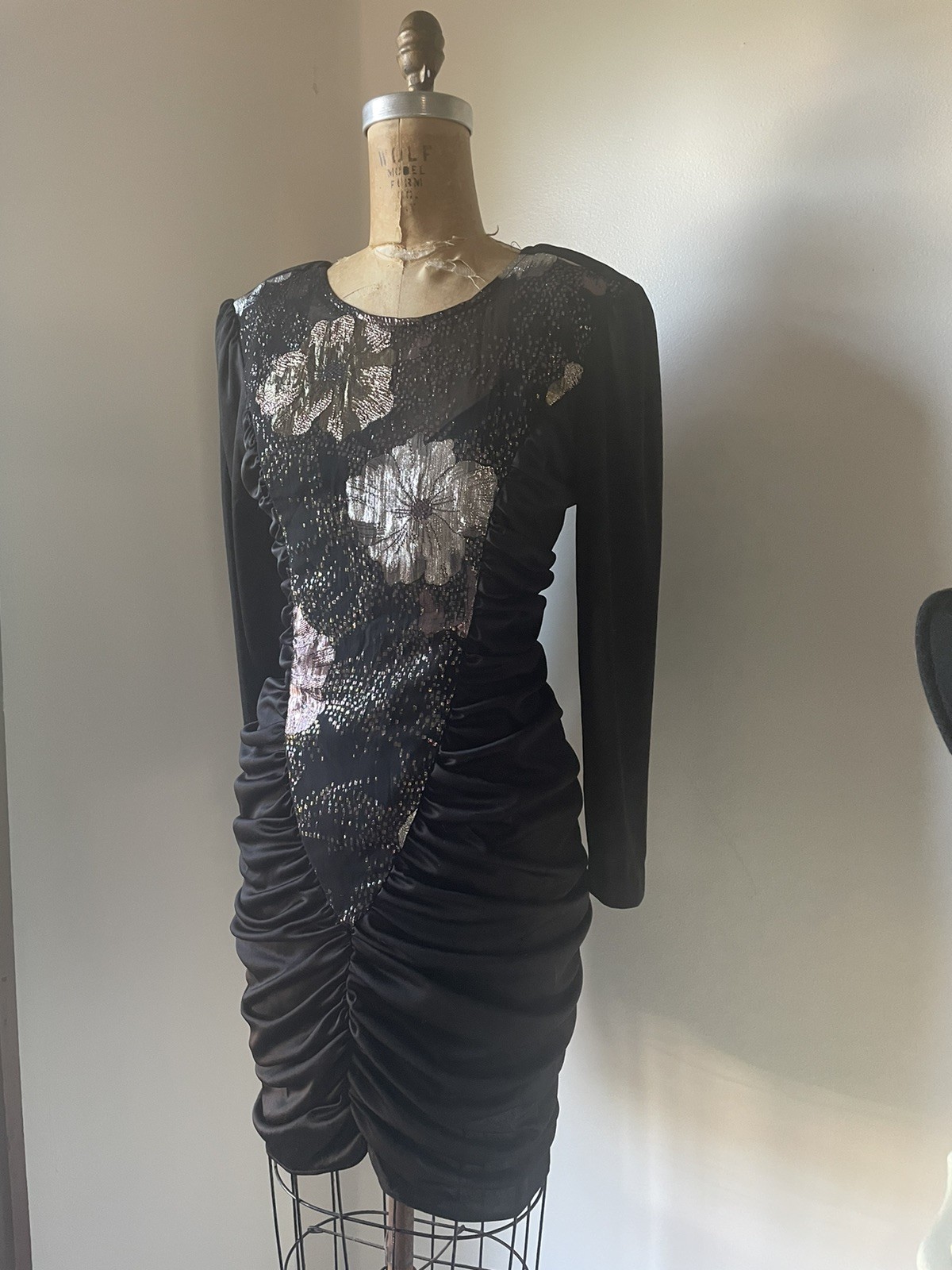 Vintage ‘80s Glam Mini Dress Coffin Ruched Black & Sparkly Lurex Body Con XS